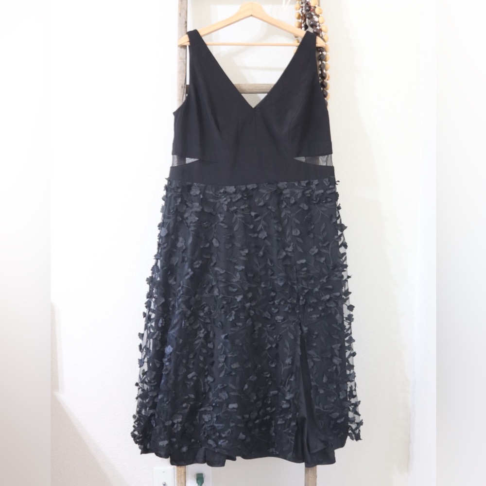 Xscape Black formal midi Dress, flower appliqué sleeveless wedding, feminine